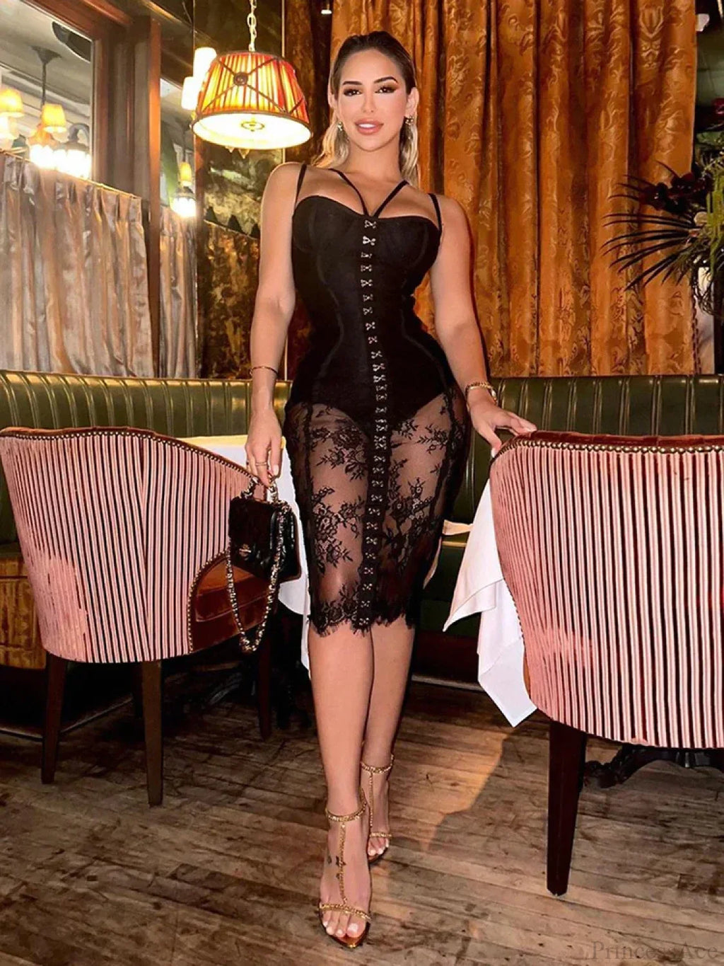 Sexy Lace Two-Piece Black Sleeveless Hook-Front See Through Evening Party Dress