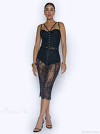 Sexy Lace Two-Piece Black Sleeveless Hook-Front See Through Evening Party Dress