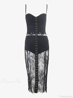 Sexy Lace Two-Piece Black Sleeveless Hook-Front See Through Evening Party Dress