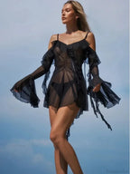 Sexy Mesh Black Long Sleeve Vacation Dress