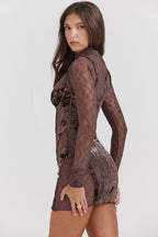 Sexy Mock Neck Long Sleeve Sheer Lace Velvet Corset Party Mini Dress - Brown