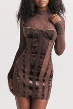Sexy Mock Neck Long Sleeve Sheer Lace Velvet Corset Party Mini Dress - Brown