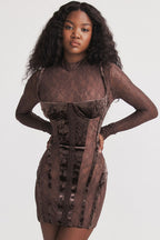 Sexy Mock Neck Long Sleeve Sheer Lace Velvet Corset Party Mini Dress - Brown