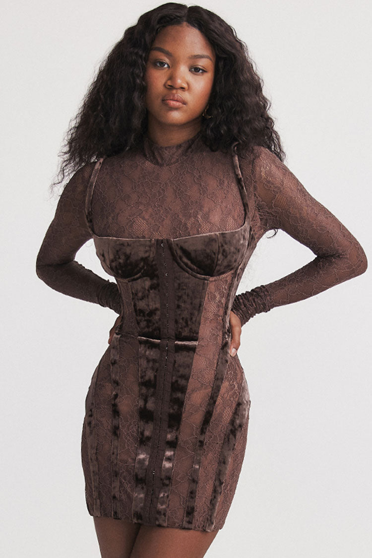 Sexy Mock Neck Long Sleeve Sheer Lace Velvet Corset Party Mini Dress - Brown