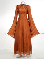 Sexy O Neck Batwing Sleeve Pleated Long Dress Women Rose Party Dress