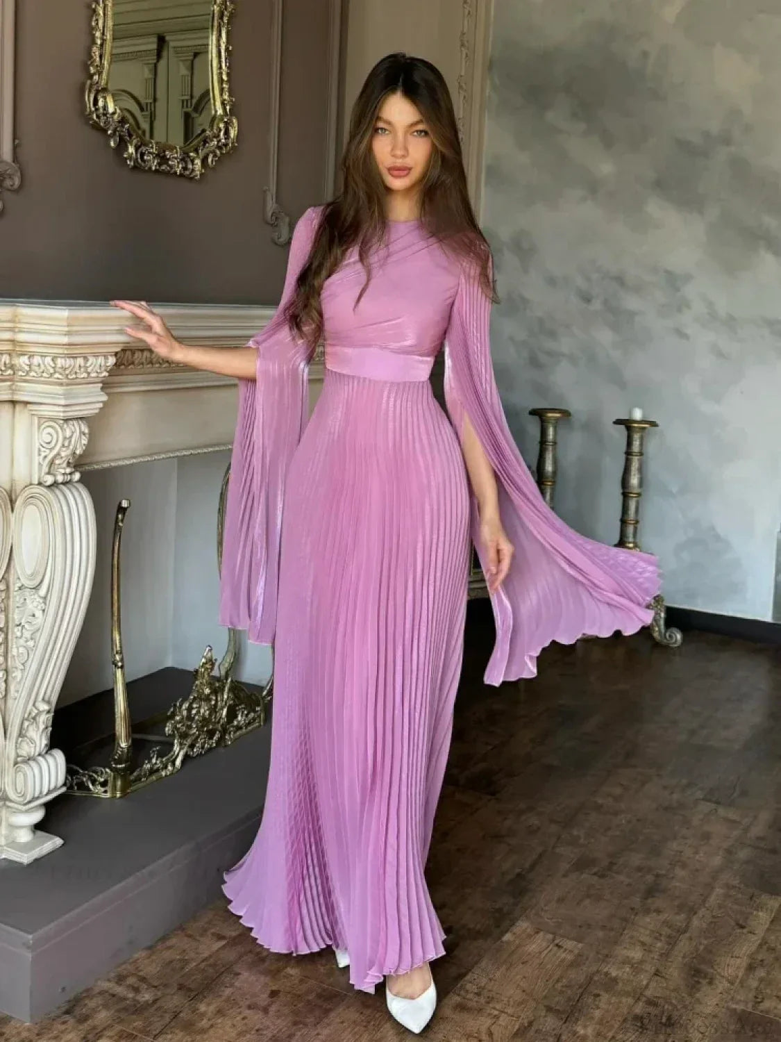 Sexy O Neck Batwing Sleeve Pleated Long Dress Women Rose Party Dress
