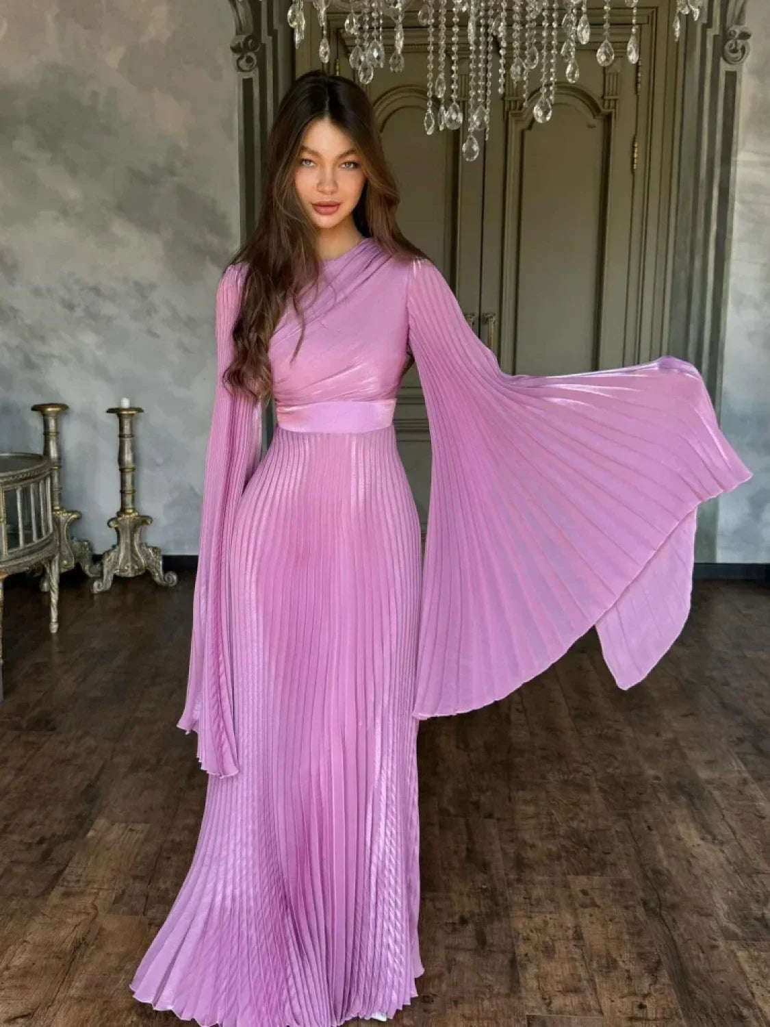 Sexy O Neck Batwing Sleeve Pleated Long Dress Women Rose Party Dress