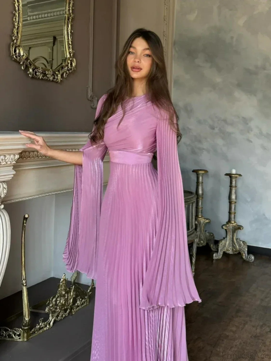 Sexy O Neck Batwing Sleeve Pleated Long Dress Women Rose Party Dress