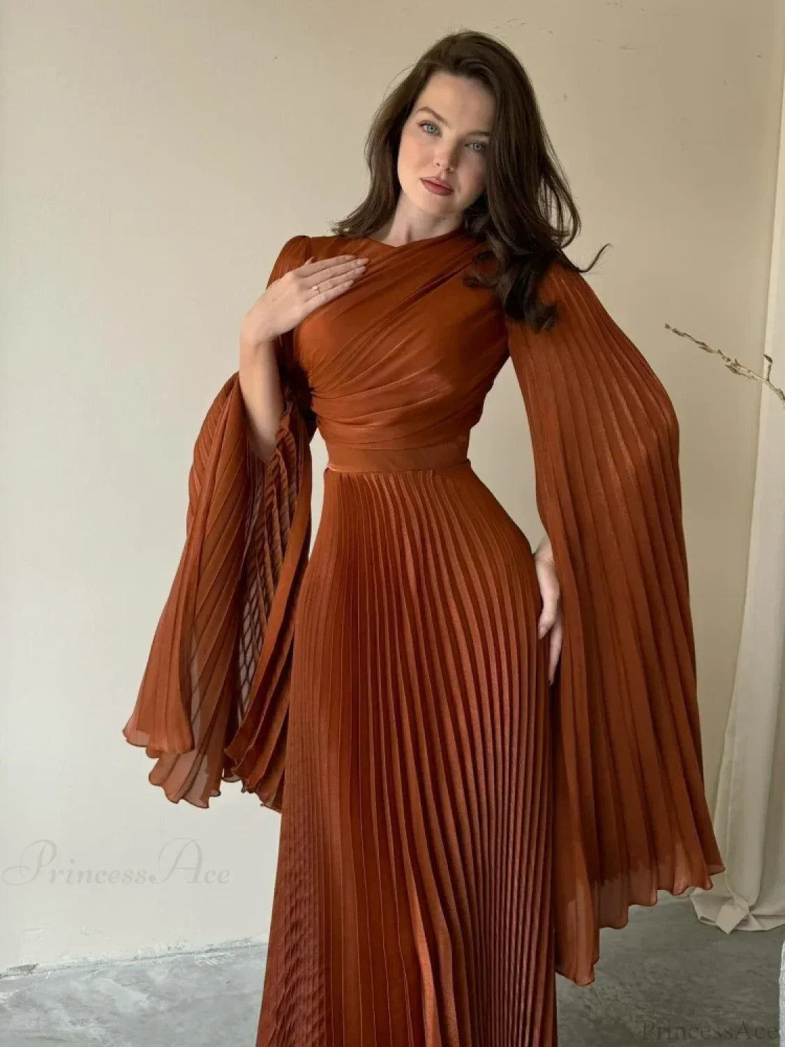 Sexy O Neck Batwing Sleeve Pleated Long Dress Women Rose Party Dress
