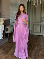 Sexy O Neck Batwing Sleeve Pleated Long Dress Women Rose Party Dress