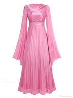 Sexy O Neck Batwing Sleeve Pleated Long Dress Women Rose Party Dress