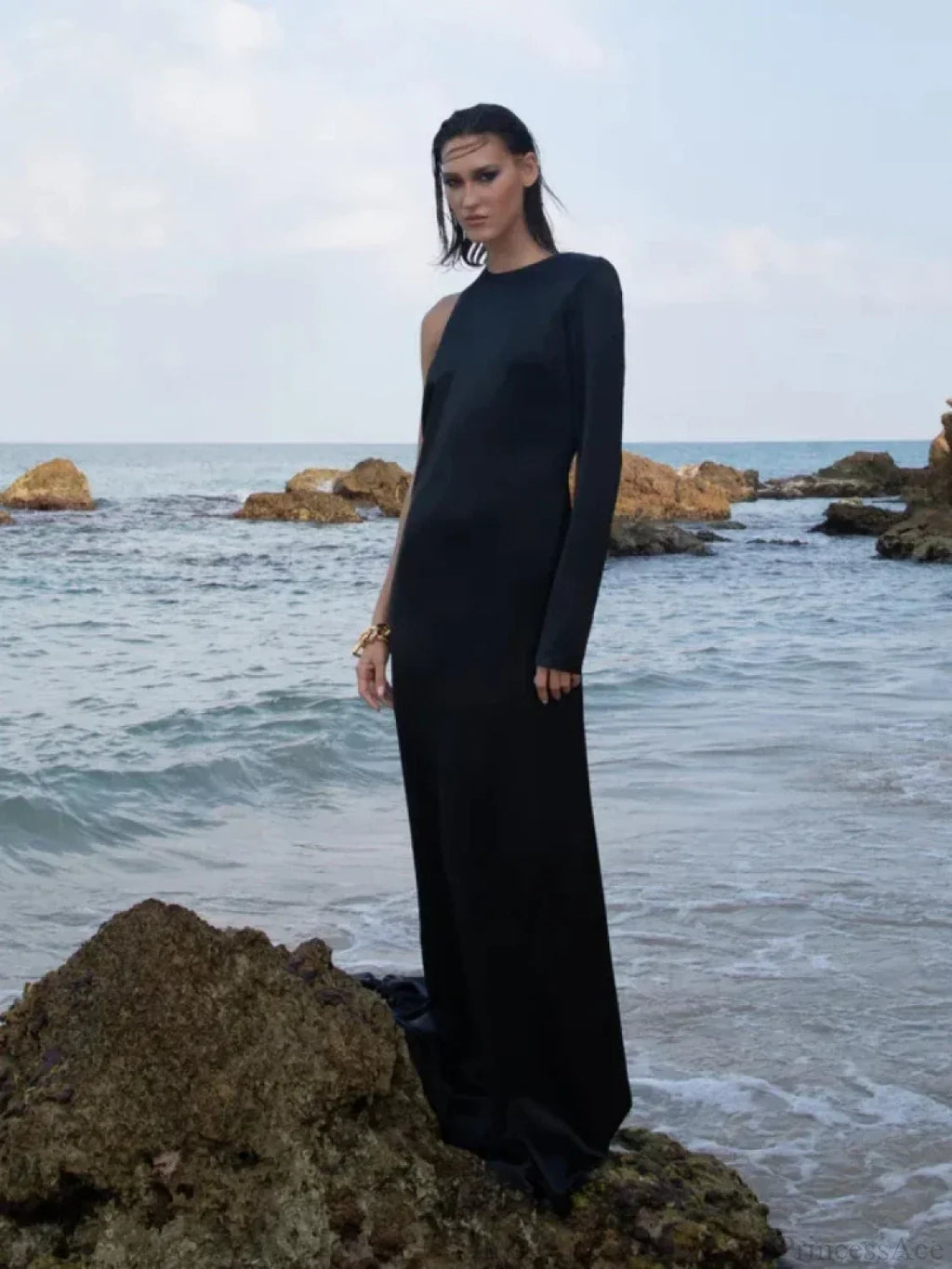 Sexy O Neck One Shoulder Backless Chain Black Long Evening Party Dress