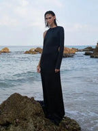Sexy O Neck One Shoulder Backless Chain Black Long Evening Party Dress