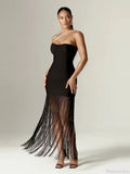 Sexy One Shoulder Diamonds Strap Tassel Bandage Dress Shiny Rhinestone Party Dress