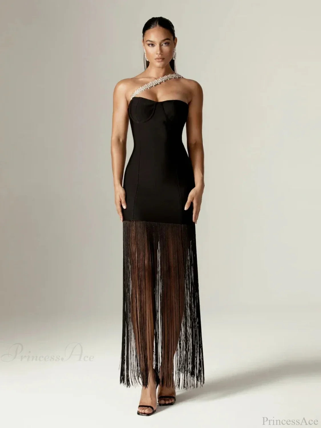 Sexy One Shoulder Diamonds Strap Tassel Bandage Dress Shiny Rhinestone Party Dress