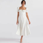 Puff Sleeve Tie Front High Split Off Shoulder Midi Sundress - White