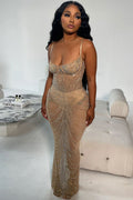 Sexy Rhinestone Bustier Sheer Mesh Sleeveless Split Evening Maxi Dress - Apricot