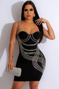Sexy Rhinestone Trim Sweetheart Sleeveless Bodycon Party Mini Dress - Black