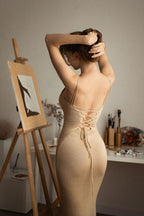 Sexy Rib Knit Scoop Neck Cami Strap Lace Up Backless Knit Slip Midi Dress - Khaki