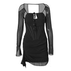 Panel Mesh Ruched Long Sleeve Cut Out Party Mini Dress - Black