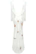 Sexy Ruffle Backless Applique Off Shoulder Sequin Sheer Mesh Maxi Dress - White