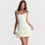 Ruffle Hem Square Neck Sleeveless Bodycon Party Mini Dress - White