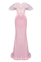 Sexy Ruffle Sheer Corset High Waist Satin Skirt Two Piece Maxi Dress - Pink