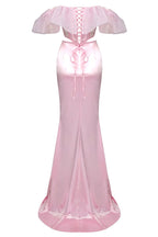 Sexy Ruffle Sheer Corset High Waist Satin Skirt Two Piece Maxi Dress - Pink