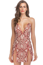 Sexy Scalloped Deep V High Split Sequin Lace Fitted Club Mini Dress - Red