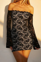 Sexy Sheer Lace Off Shoulder Long Sleeve Mini Dress