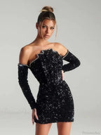 Sexy Slash Neck Long Sleeve Sparkling Sequins Dress Off Shoulder Party Dress