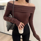 Sexy Slash Neck Pleated Knitted Sweater