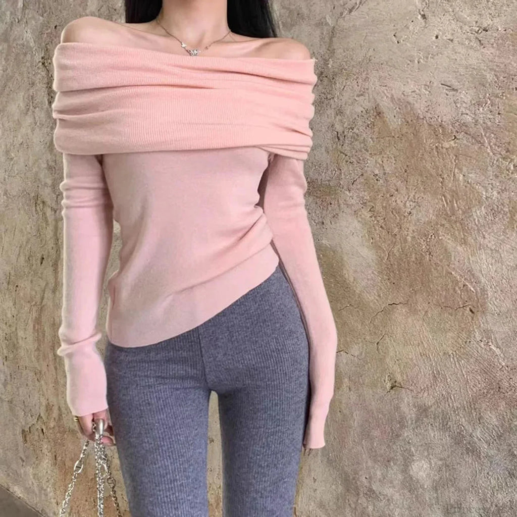 Sexy Slash Neck Pleated Knitted Sweater