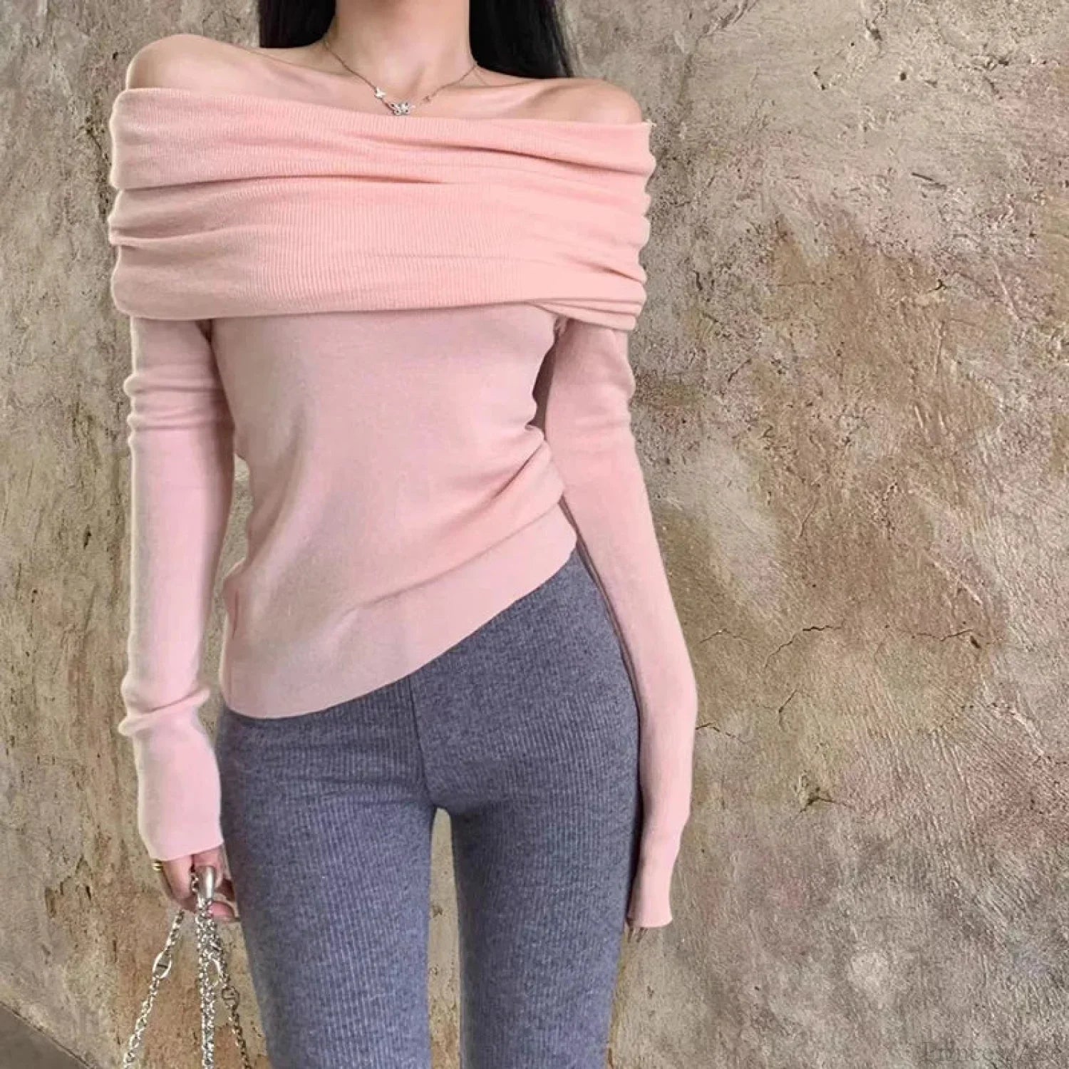 Sexy Slash Neck Pleated Knitted Sweater