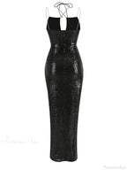 Sexy Sleeveless Cut Out Black Sequins Elegant Backless High Slit Party Dress