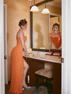 Sexy Sleeveless Square Mesh Perspective Ruffle Long Orange Sheer IrRegular Party Dress