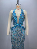 Sexy Sling Deep V-Neck Sequins Long Dress Hollow Out Slim Party Dress