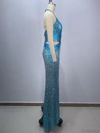Sexy Sling Deep V-Neck Sequins Long Dress Hollow Out Slim Party Dress