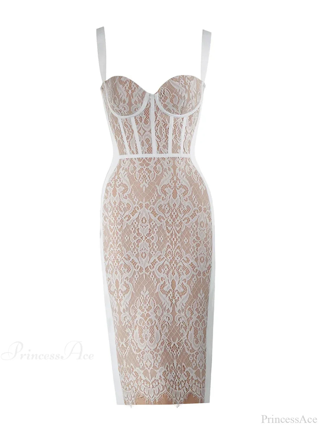 Sexy Sling Square Collar Lace Bandage Sleeveless White Midi Party Dress