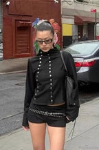 Sexy Solid Button Slim Round Neck Long Sleeve Tee