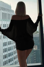 Sexy Solid Color Batwing Off-the-Shoulder Long Sleeve Blouse