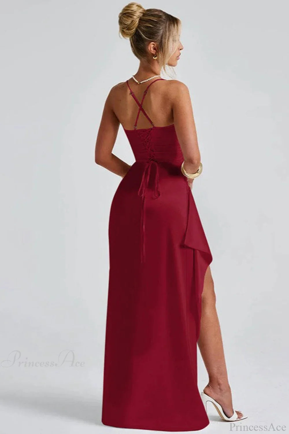 Sexy Solid Spaghetti Strap Back Tie Slit Evening Dress