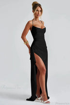 Sexy Solid Spaghetti Strap Back Tie Slit Evening Dress