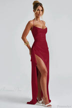 Sexy Solid Spaghetti Strap Back Tie Slit Evening Dress