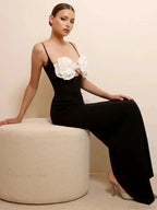 Sexy Spaghetti Strap 3D Flower Bandage Maxi Black Sleeveless Party Dress