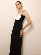 Sexy Spaghetti Strap 3D Flower Bandage Maxi Black Sleeveless Party Dress