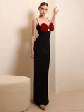 Sexy Spaghetti Strap 3D Flower Bandage Maxi Black Sleeveless Party Dress