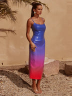 Sexy Spaghetti Strap Gradient Sequins Long Dress Sleeveless Colorful Party Dress