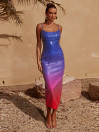 Sexy Spaghetti Strap Gradient Sequins Long Dress Sleeveless Colorful Party Dress