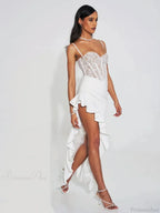 Sexy Spaghetti Strap Lace Patchwork Long Dress Sleeveless Ruffles Party Dress